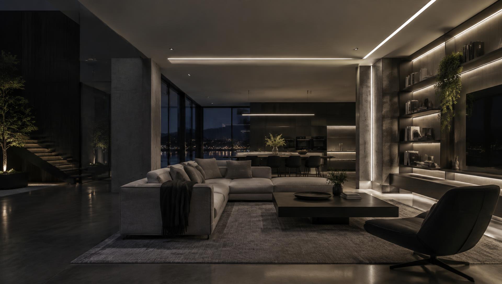 Wohnraum mit Lichtlinien in Decke und Regalen